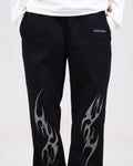 Black Streetwear Sweatpants with Reflective Tribal Flame Graphic Print