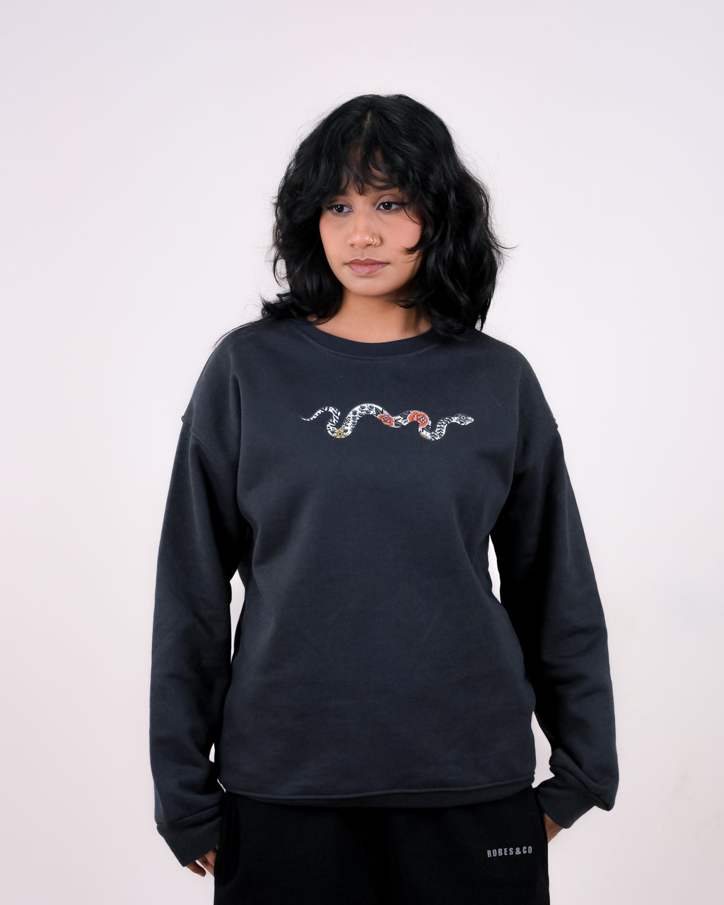 Dark Gray Oversized Crewneck with Serpent Graphic
