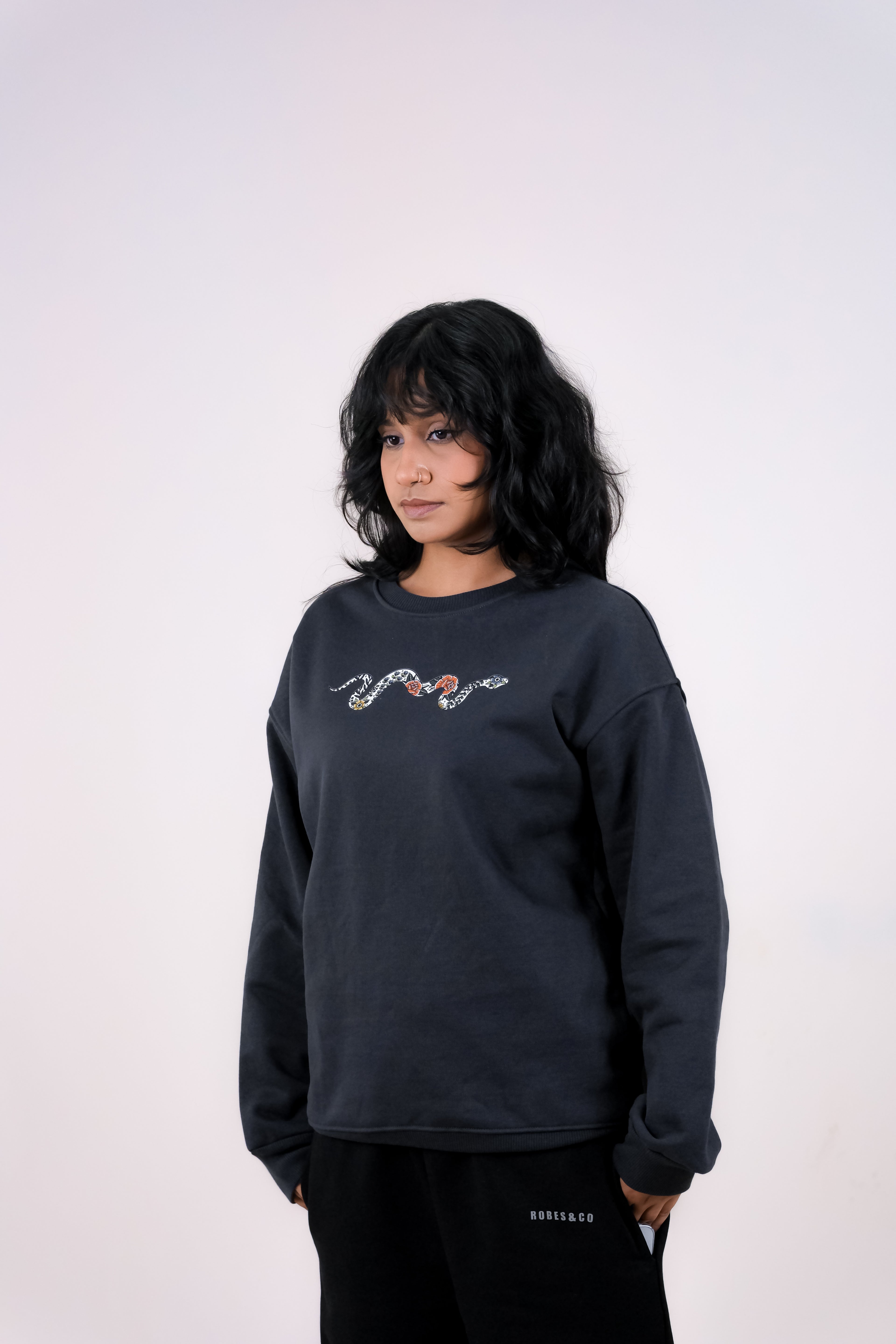 Dark Gray Oversized Crewneck with Serpent Graphic