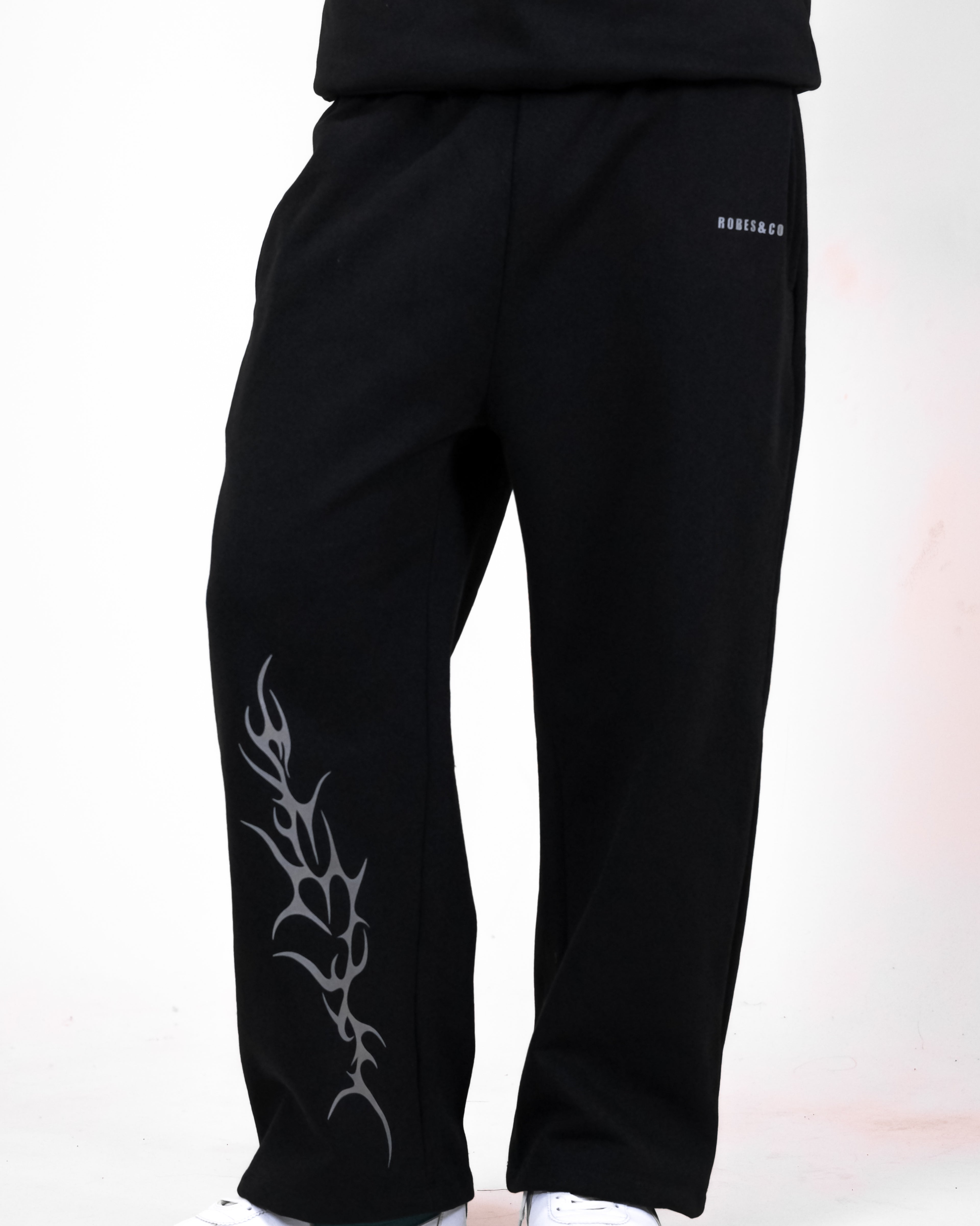 Black Streetwear Sweatpants with Reflective Tribal Flame Graphic Print - One Leg
