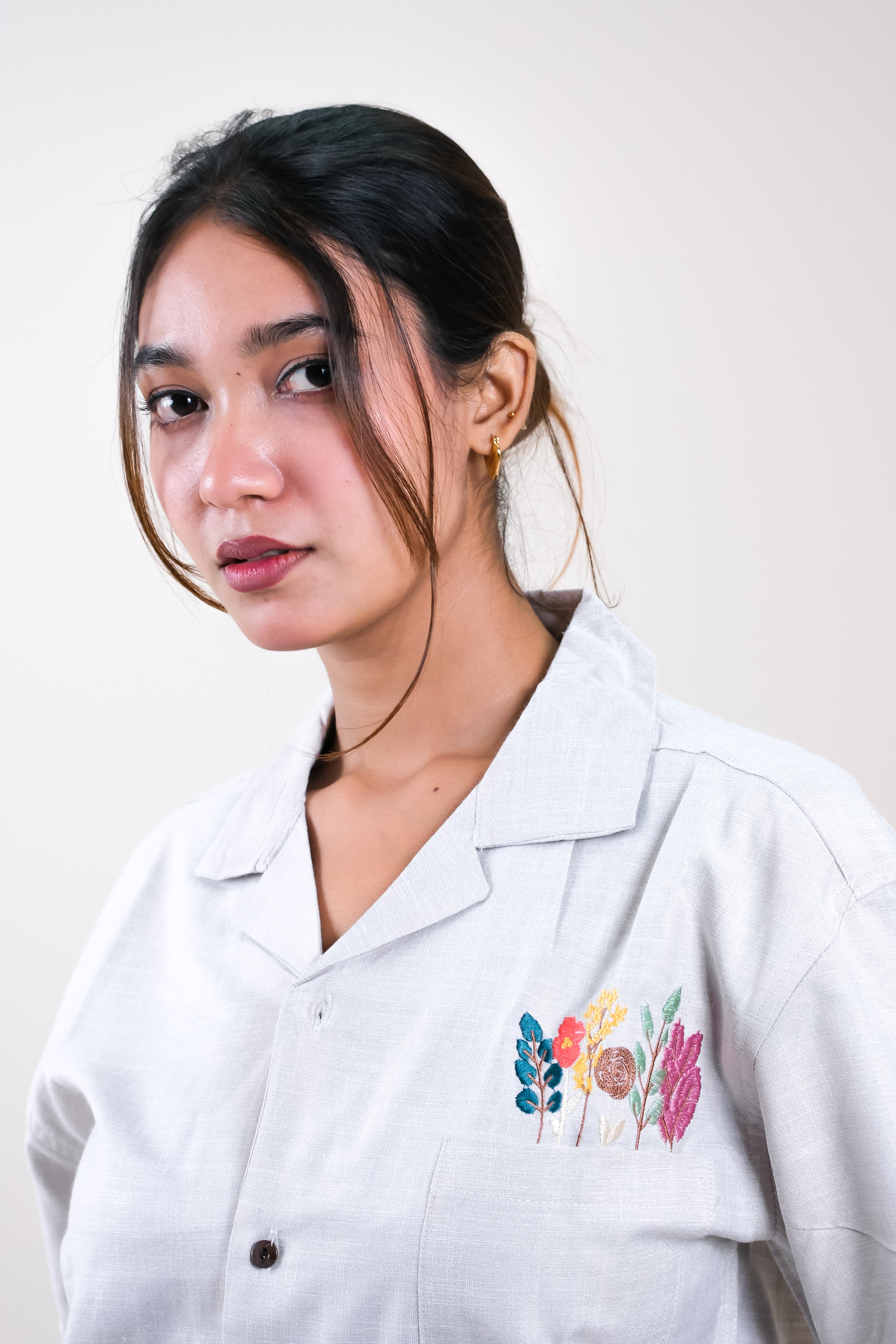 Cuban Collar Cotton Shirt - Hidden Blooms