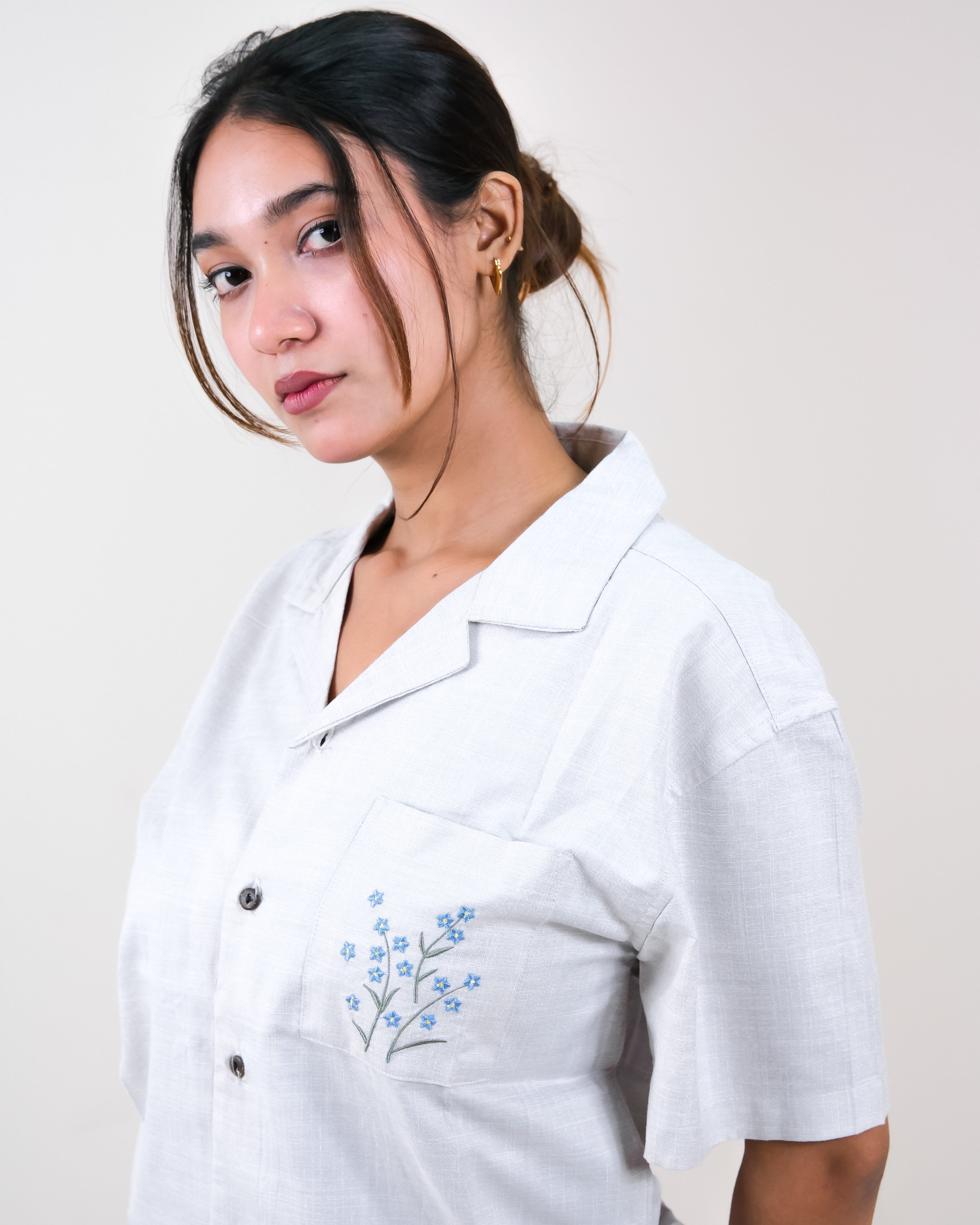 Artisan Woven Cuban Collar Top - Sky Petals