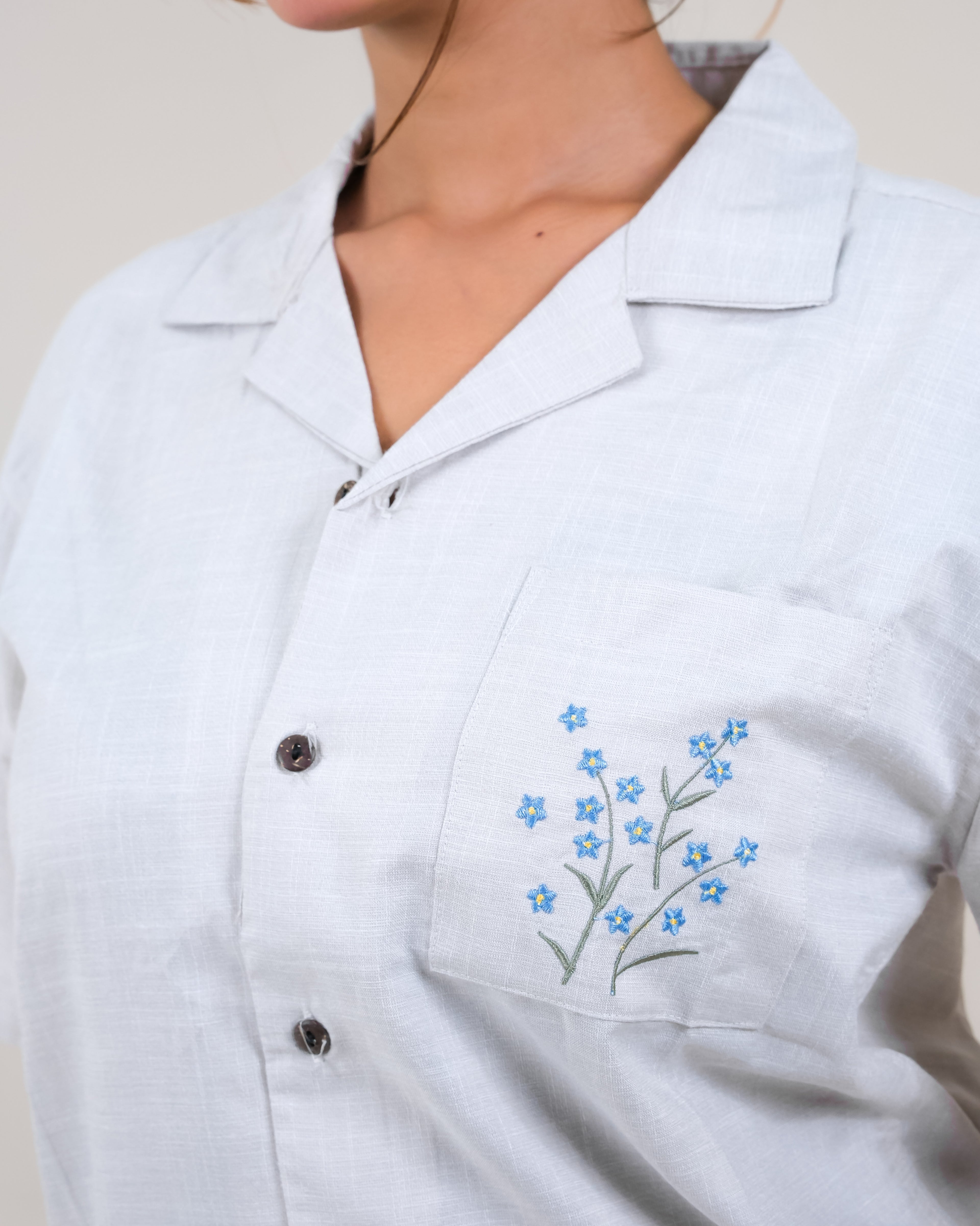 Artisan Woven Cuban Collar Top - Sky Petals