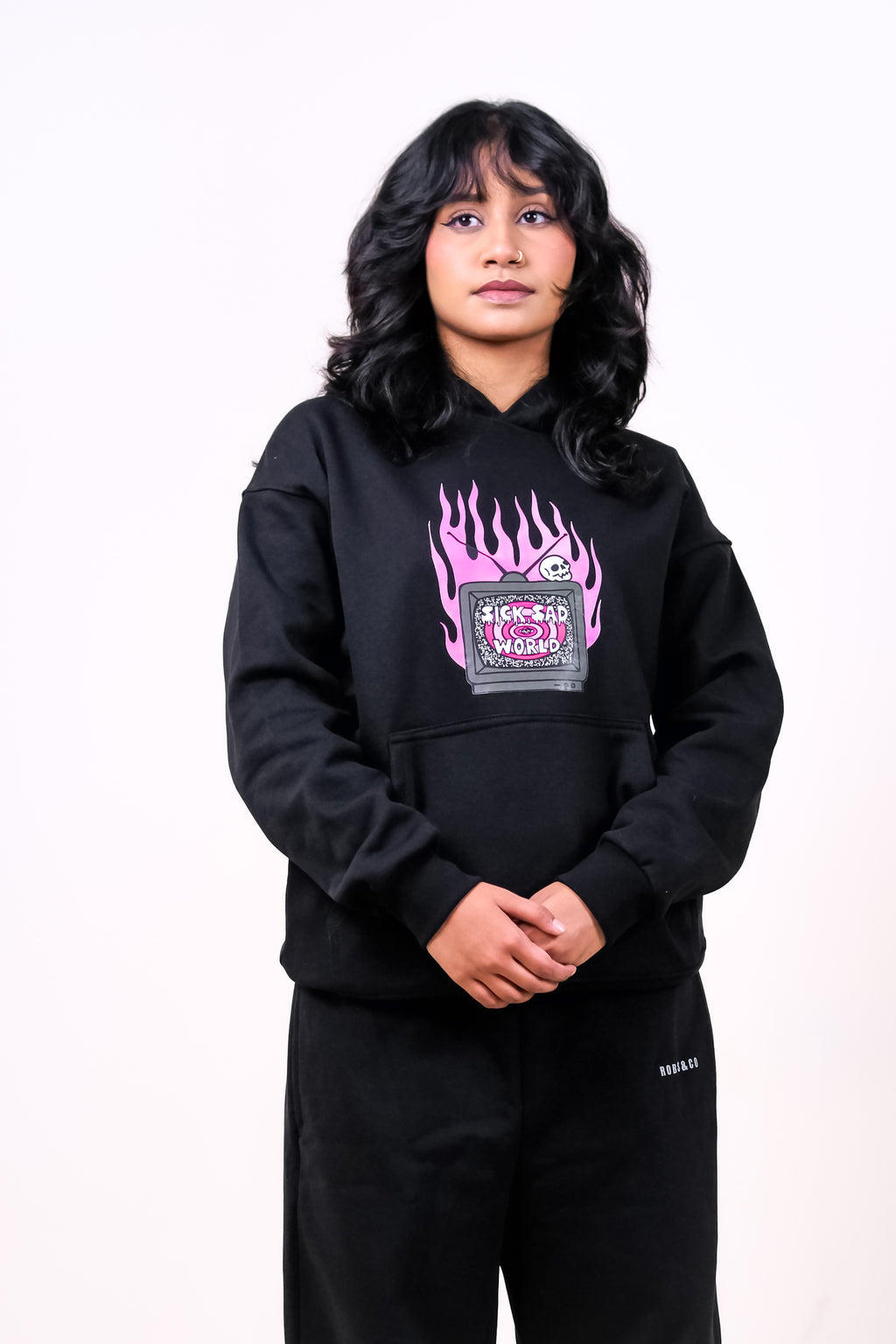 Unisex Charcoal Fleece Hoodie - Cyberpunk Vintage TV Chest Graphic