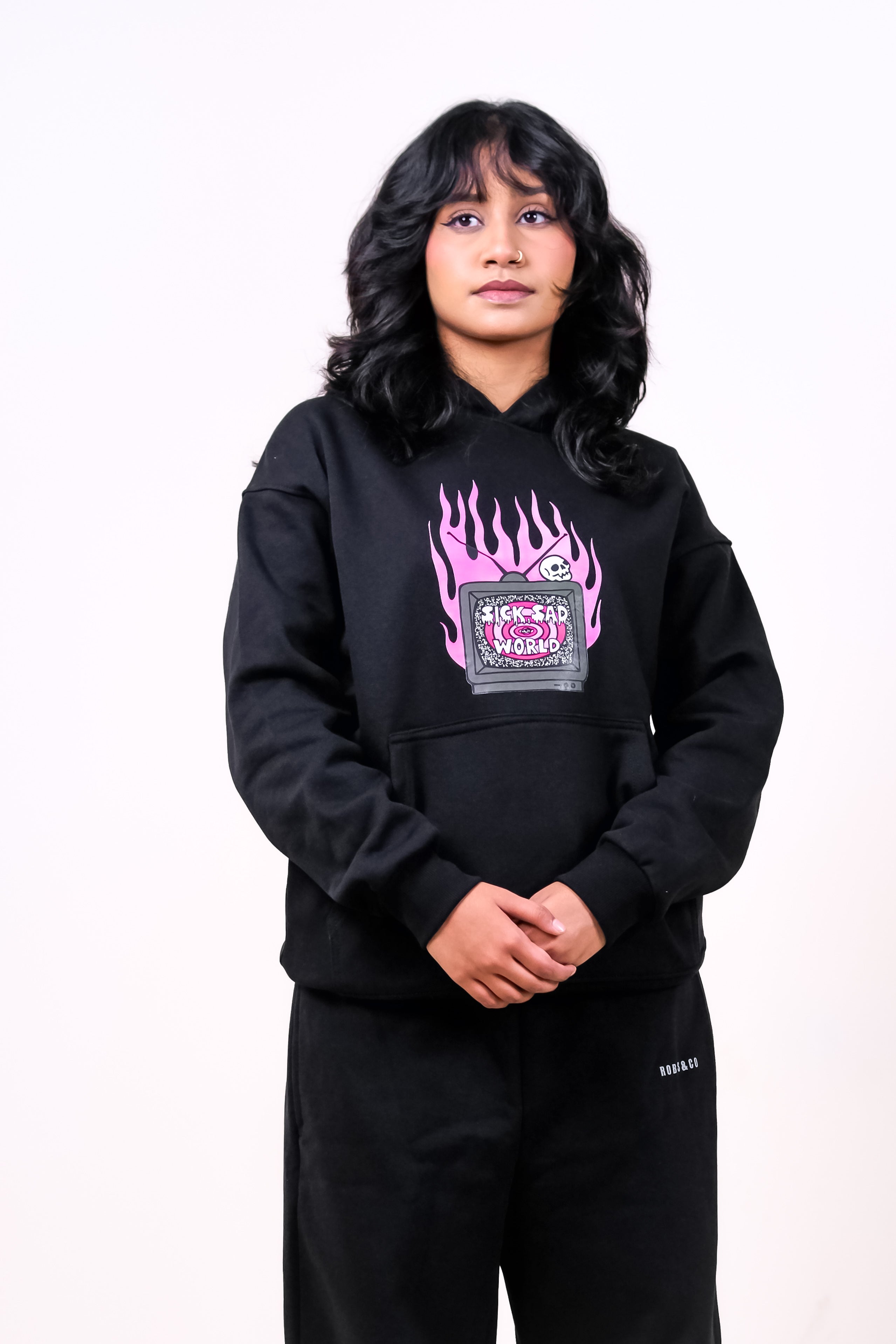 Unisex Charcoal Fleece Hoodie - Cyberpunk Vintage TV Chest Graphic