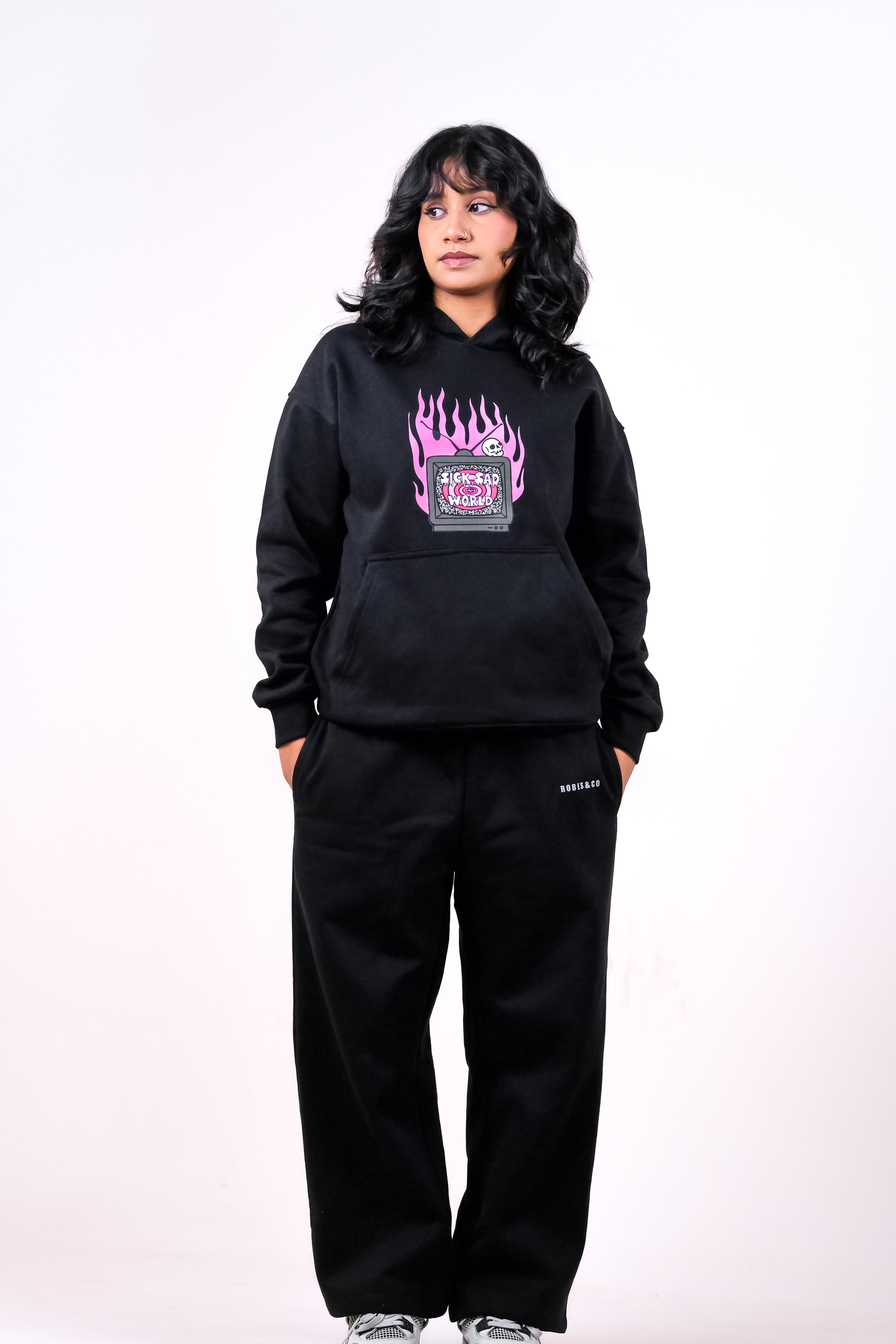 Unisex Charcoal Fleece Hoodie - Cyberpunk Vintage TV Chest Graphic