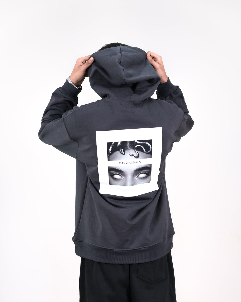 Unisex Charcoal Fleece Hoodie - Abstract Dual-Panel Back Graphic