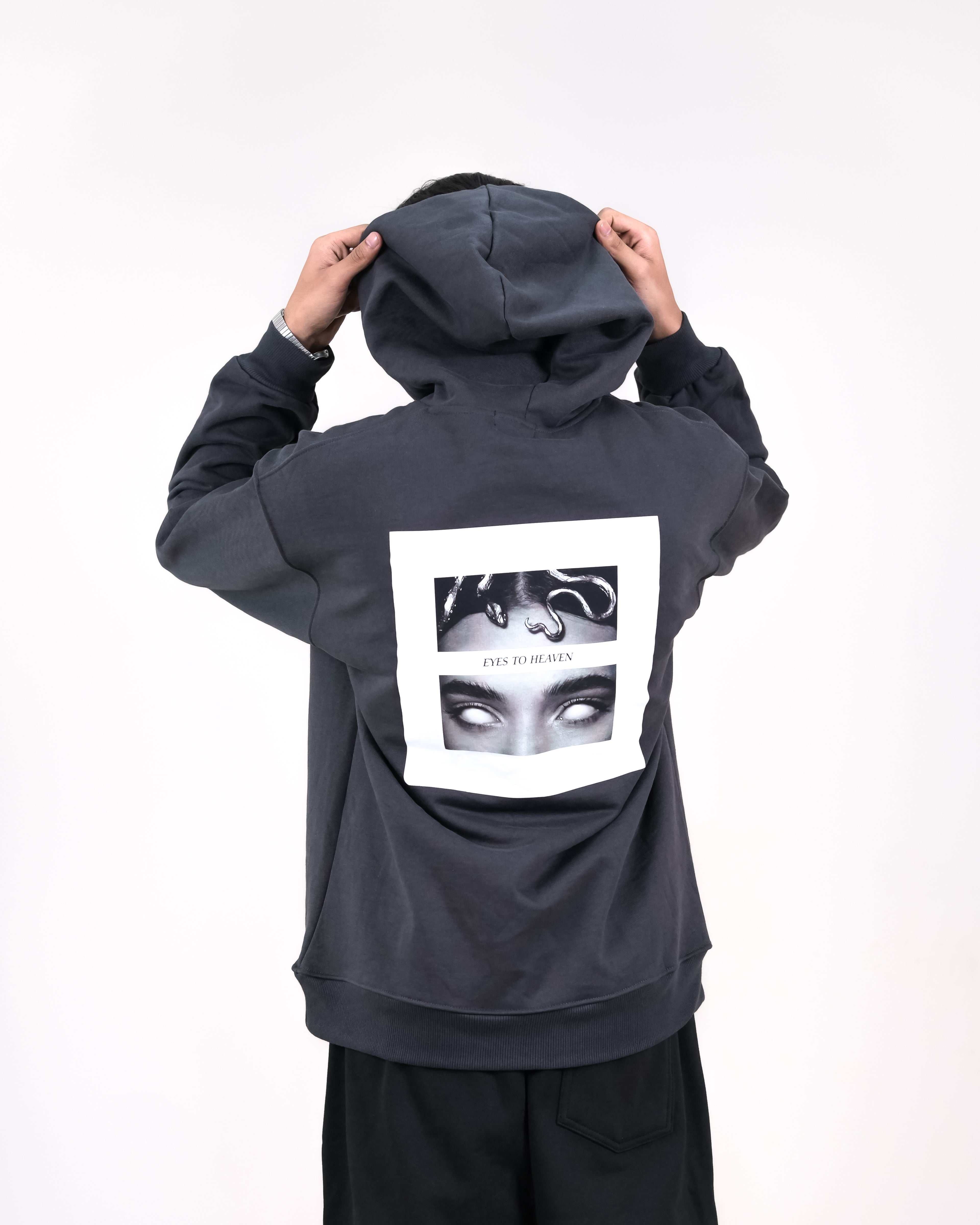 Unisex Charcoal Fleece Hoodie - Abstract Dual-Panel Back Graphic
