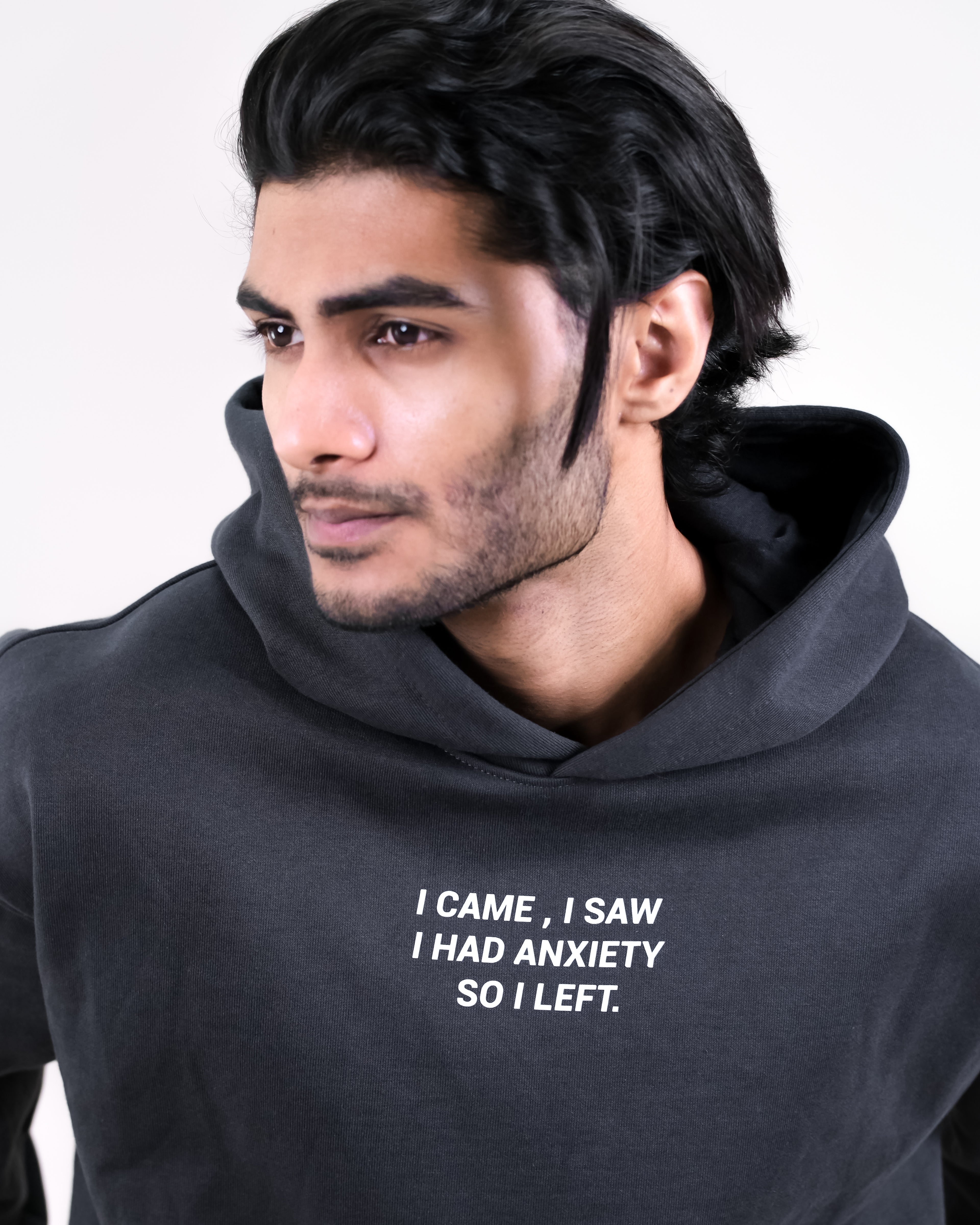 Unisex Charcoal Fleece Hoodie - Abstract Dual-Panel Back Graphic