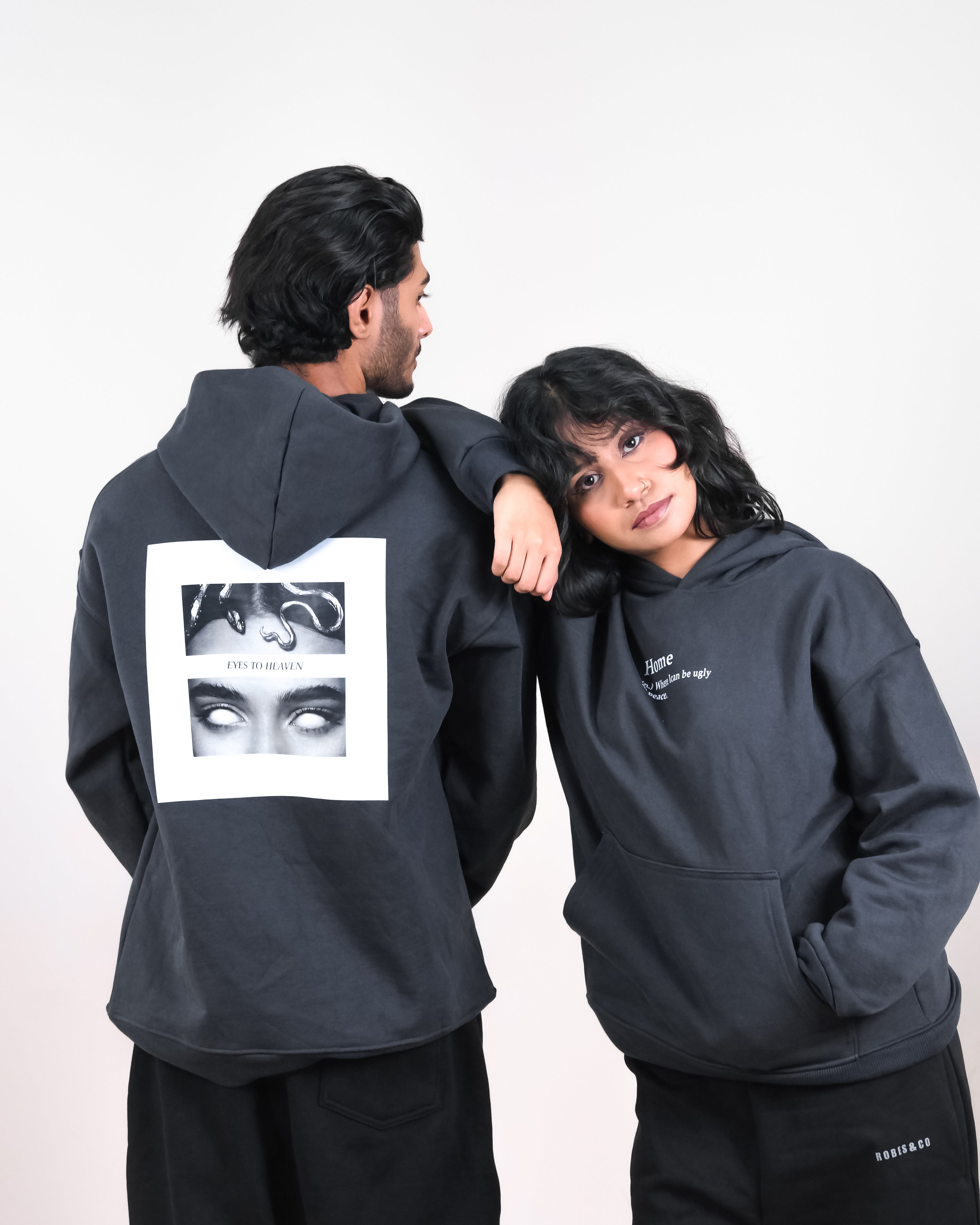 Unisex Charcoal Fleece Hoodie - Abstract Dual-Panel Back Graphic