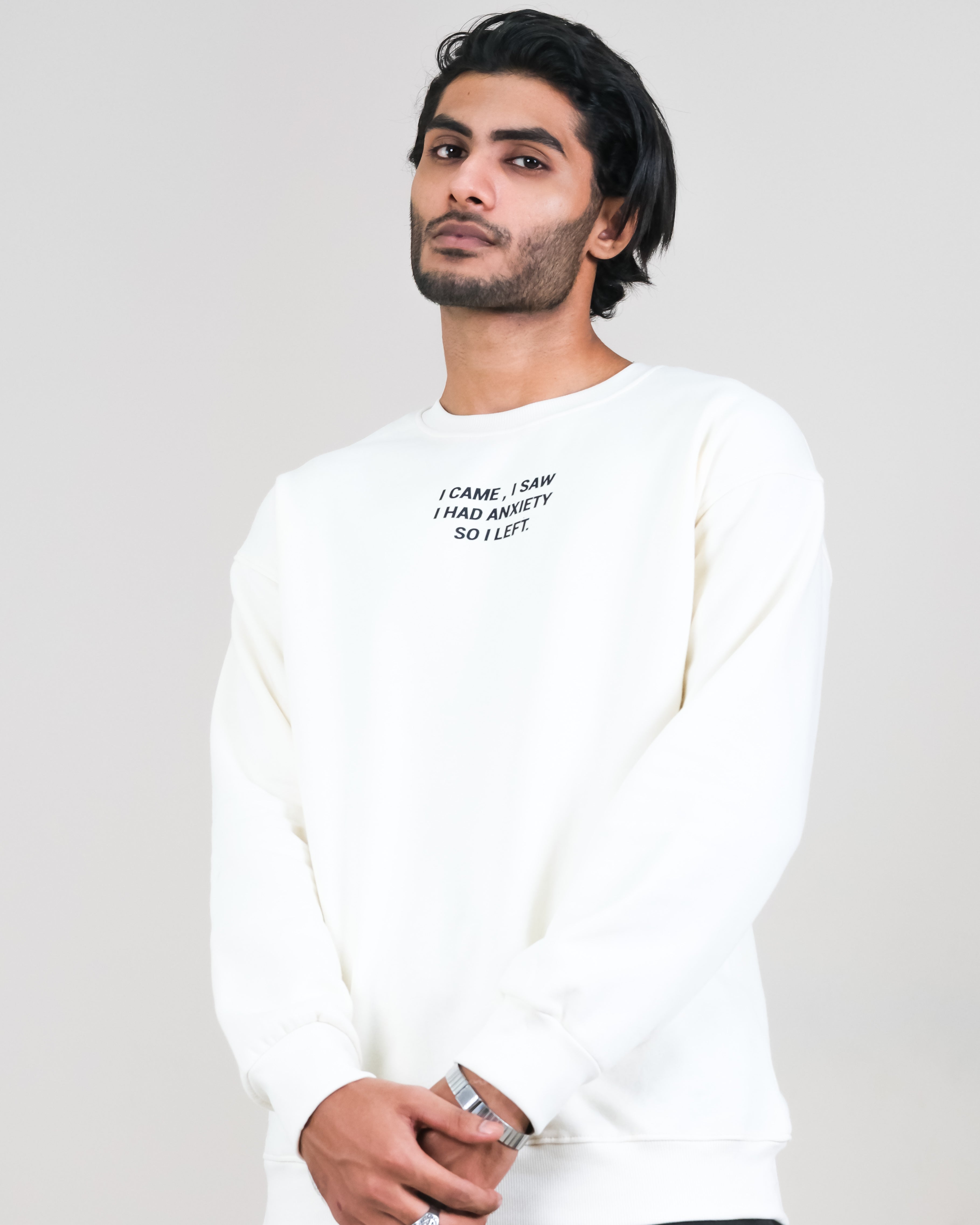 Off-White Cotton Blend Sweatshirt with Minimalist Chest Text Print