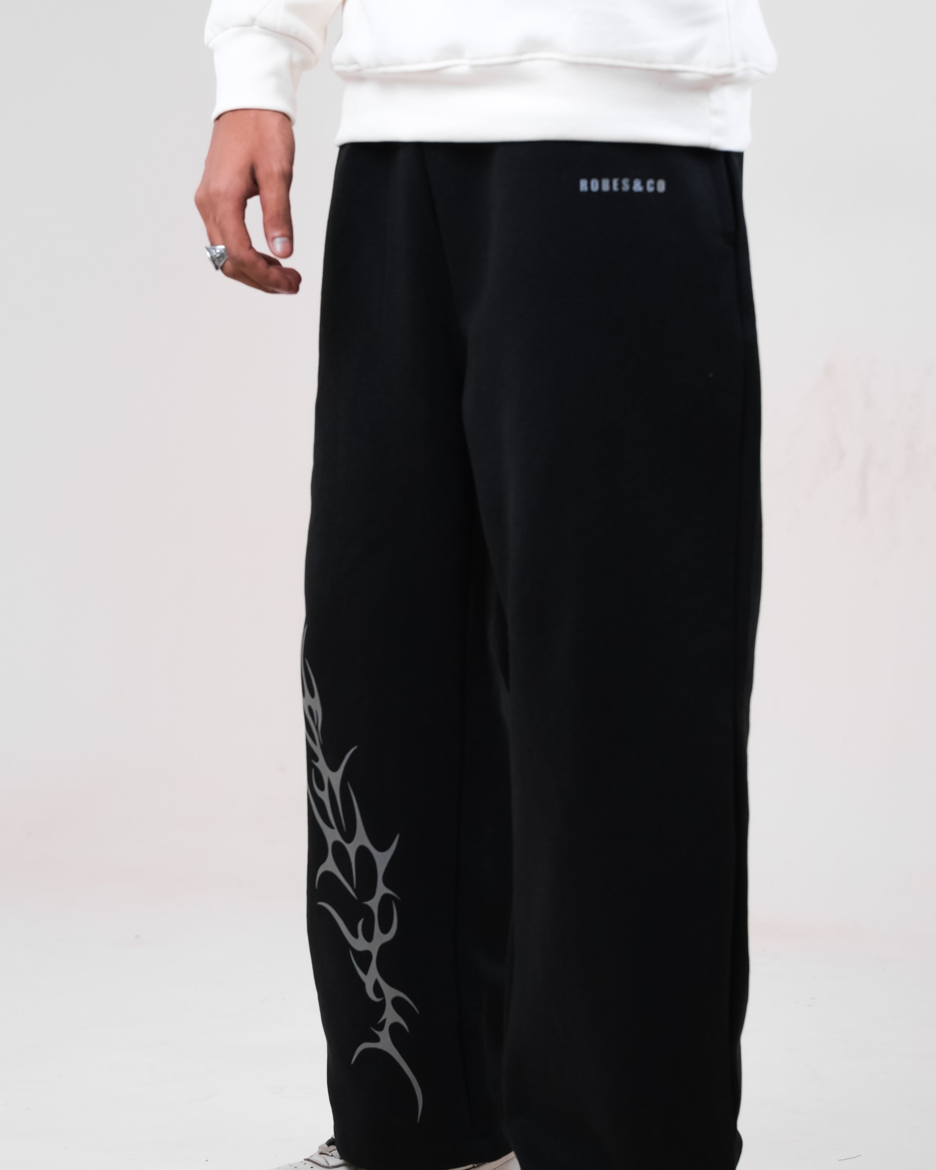 Black Streetwear Sweatpants with Reflective Tribal Flame Graphic Print - One Leg