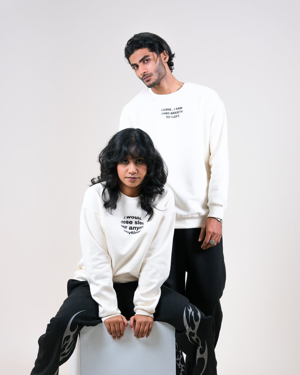 Off-White Cotton Blend Sweatshirt with Minimalist Chest Text Print