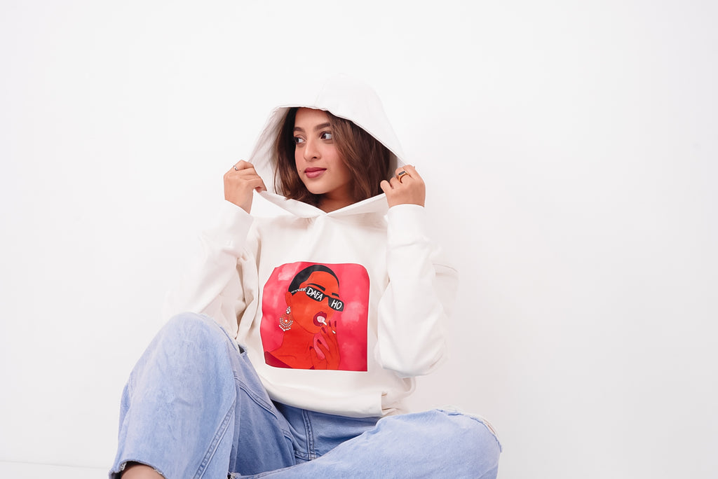 Trendy Graphic Print White Hoodie for Women - Relaxed Fit Streetwear Pullover